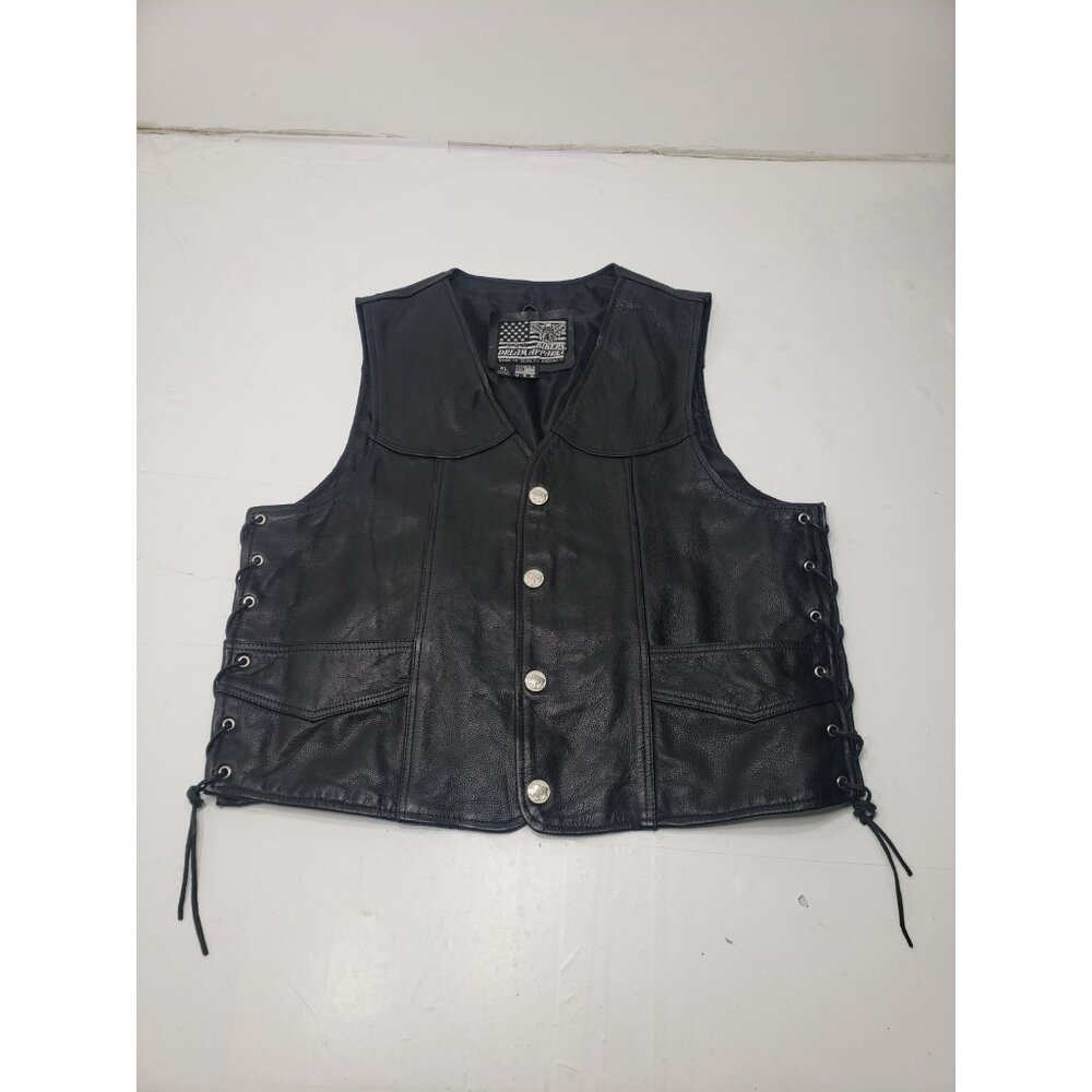 USA Bikers Dream Apparel Black Leather Laced Up Buffalo Nickel Snap On Vest XL